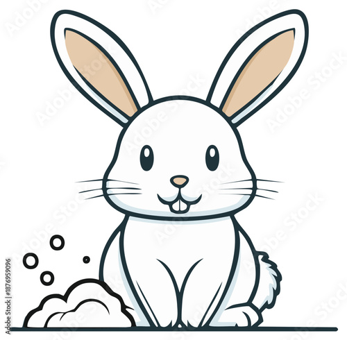 Adorable white bunny character with a fluffy cotton tail. Cute cartoon vector illustration.