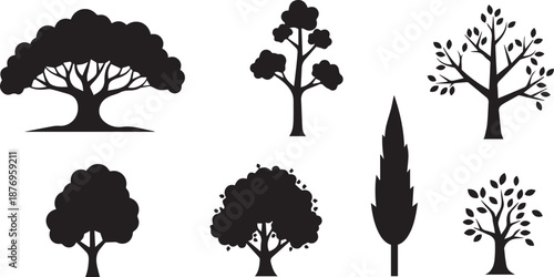 Black Tree Silhouette Collection with Detailed Branch and Leaf Structures