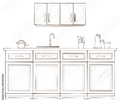 Hand-Drawn Kitchen Cabinets, Sink, Utensils, and Cookware Line Art Illustration