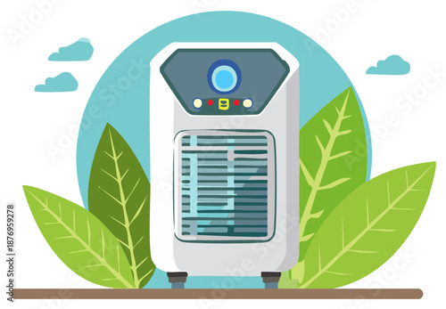 Modern white air purifier with digital display surrounded by green leaves for fresh healthy home environment illustration