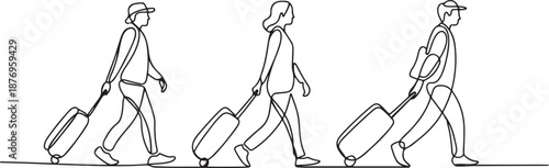People walking with luggage continuous one line vector drawing. one line Art icon drawing vector