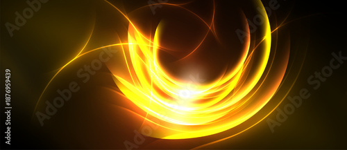 Bright golden lines swirl, creating abstract energy. Light radiates from central point, forming dynamic composition. Dark background enhances glow.