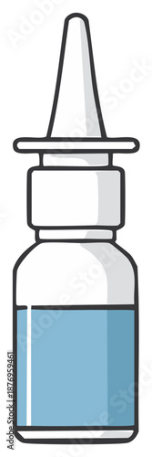 Cartoon-style nasal spray bottle filled with blue liquid remedy for congestion and seasonal allergies