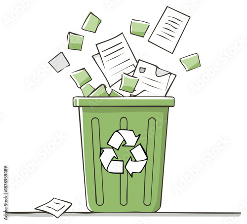 Green recycling bin with paper and recycle symbol