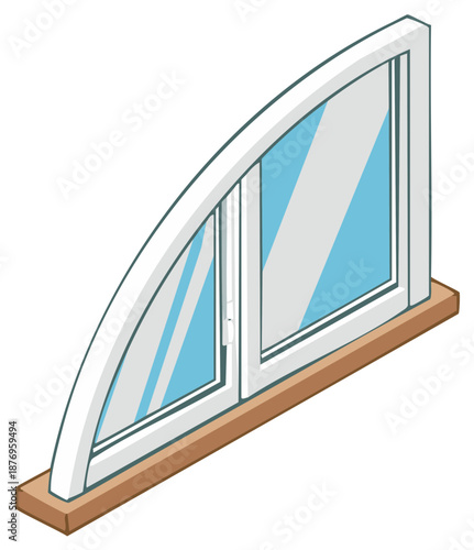Arched top window vector graphic with white frame and brown baseboard design