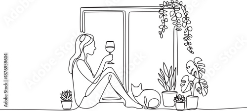Continuous one Line Drawing young girl drinks wine at home by the window with cat and Cute House Plants. one line Art icon drawing vector
