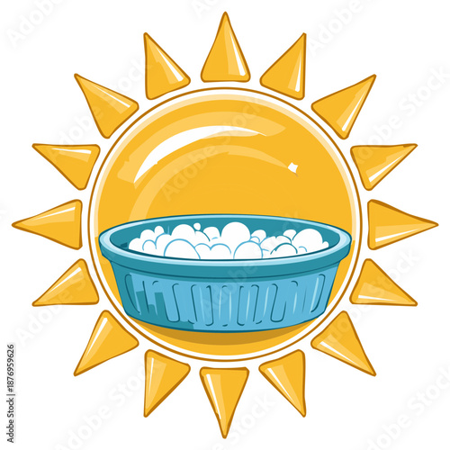 Cartoon Illustration of Wash Basin with Bubbles in a Sun Shaped Frame