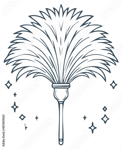 Line art of a feather duster with sparkles representing cleanliness and a clean home interior.