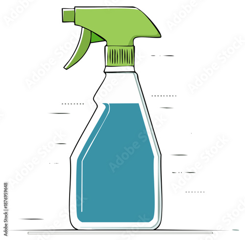 Cartoon illustration of a plastic spray bottle with blue cleaning fluid for sanitation