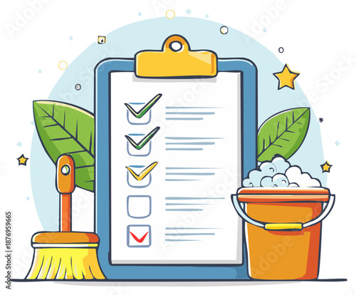 Checklist for household chores with cleaning tools and bucket of suds