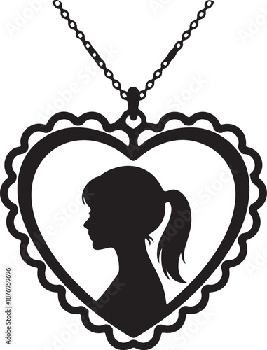Elegant silhouette of a young girl's profile encapsulated within a decorative heart locket