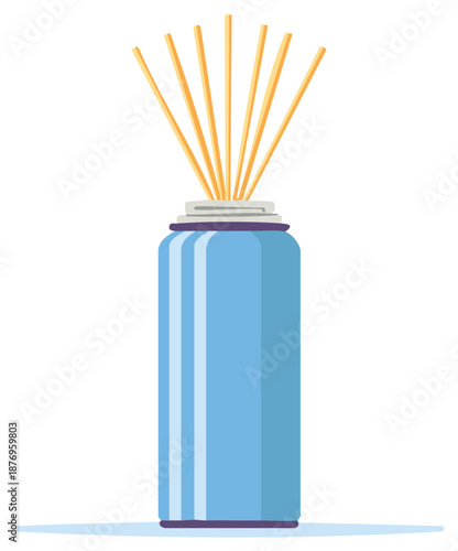 Modern reed diffuser with elegant blue bottle and natural wooden sticks providing home fragrance and aromatherapy