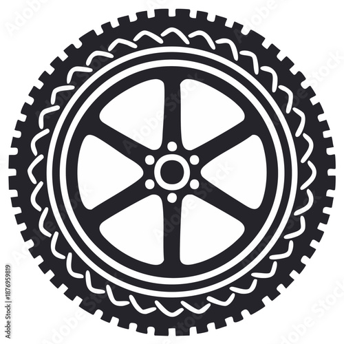 Monochrome graphic icon of a rugged vehicle wheel and tire with pronounced tread pattern design