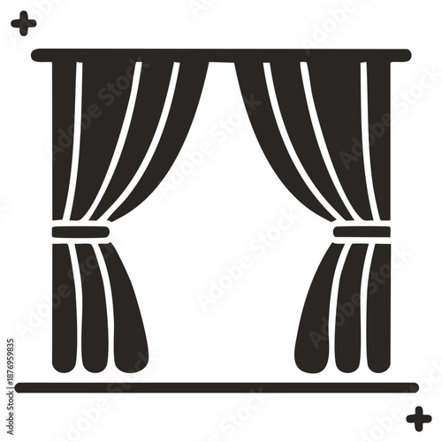 Curtains illustration with tiebacks and rod black and white graphic design
