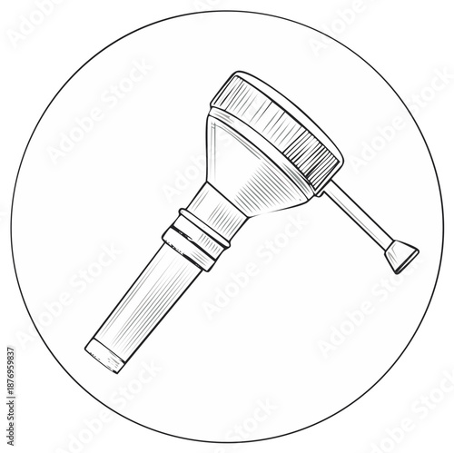 Artistic illustration of an ear otoscope medical tool within a circular frame
