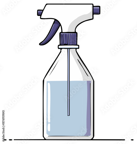 Cartoon illustration of a hand spray bottle with liquid, flat style design