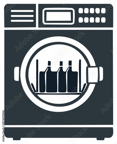 Dishwasher or glassware washer machine with clean bottles on the rack vector icon