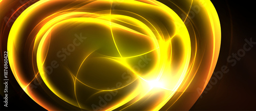 Bright golden swirls, abstract energy flows. Light radiates from center, creating dynamic visual effect. Dark background emphasizes luminosity.