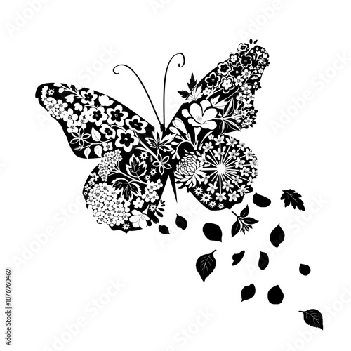 Black abstract butterfly silhouette with flowers. Hand drawn. Not AI, spring vector illustration.