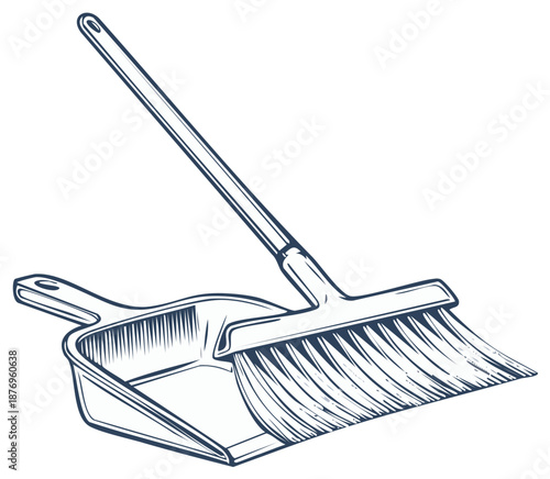 Vintage monochrome sketch of a household broom and dustpan cleaning set