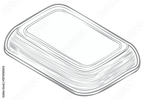 Hand drawn sketch of a rectangular food container with lid isolated on white background