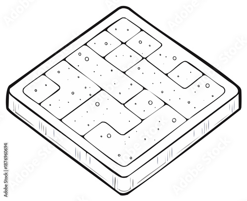 Isometric view outline illustration of puzzle game, geometrical shapes, concept of logical thinking challenge, creative mind