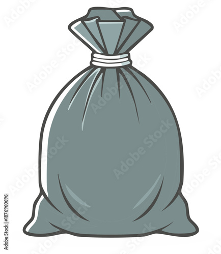 Gray garbage bag tied closed with a white string on a white background