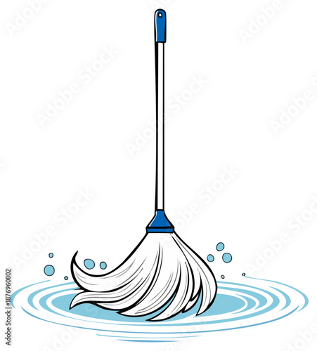 Cartoon Mop Cleaning Water Splashes and Bubbles