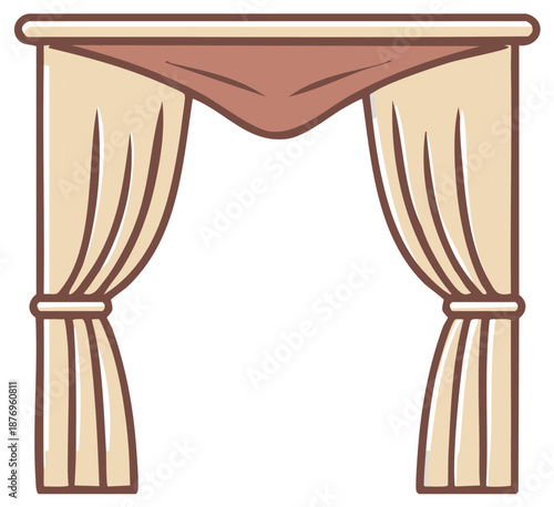 Elegant draped window curtains with a draped pelmet and tie backs in neutral tones