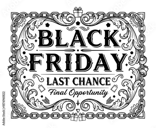 Black Friday Ornate Poster in Vintage Style in Black and White