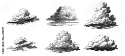 Cloud illustrations set in engraving style in black and white