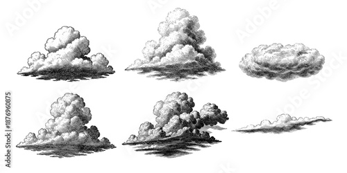 Cloud illustrations set in engraving style in black and white