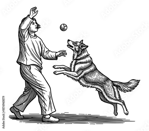 Person playing fetch with dog against white background