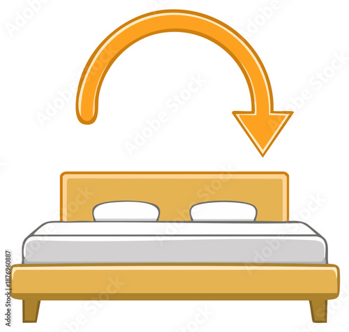 Graphic icon of bed with curved arrow symbolizing sleep, rest, and room turnover
