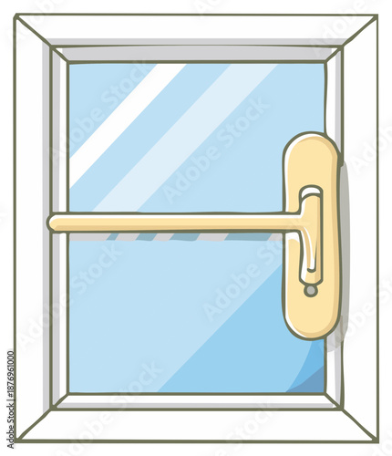 Cartoon illustration of a simple white framed window with a beige handle and blue glass pane