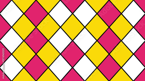 Harlequin Diamond Pattern in Pink Yellow and White with Black Outline harlequin pattern rhombus