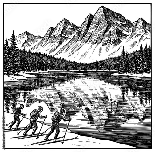 Cross-country skiers against lake and mountain background
