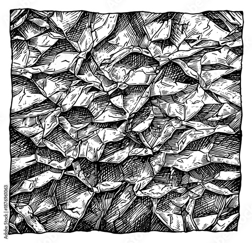 Crumpled paper or aluminum foil drawing in sketch style in black and white