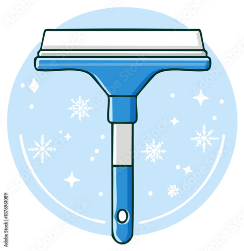 Cartoon Blue Squeegee and Snowflakes Vector Illustration for Winter Ice Removal