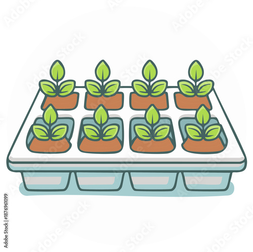 Seedlings in a Tray Plants Growing in Seed Starter Tray Horticulture Illustration