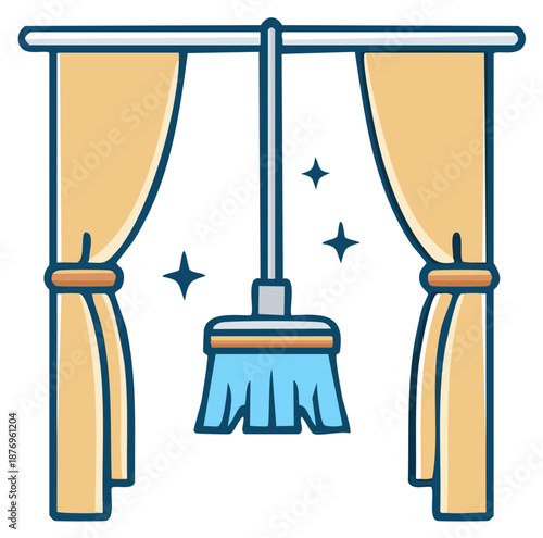 Cartoon Style Curtain Cleaning with Broom Sparks for Home Hygiene