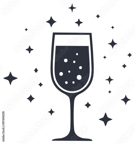 Holiday celebratory illustration of an effervescent drink in a tall glass with star decor