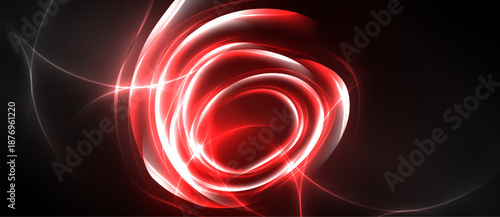 Abstract red swirls, luminous lines against dark background. Dynamic energy radiates from central point, creating visual impact.