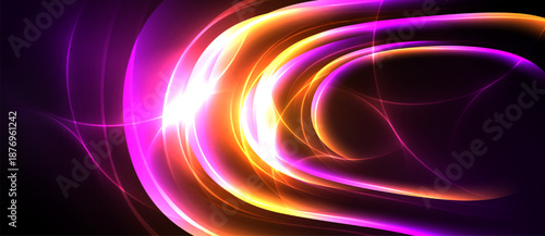 Abstract swirls, vibrant colors, dynamic energy. Bright orange blends into deep purple, creating luminous effect. Modern design.