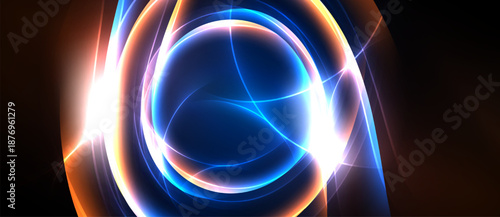 Bright concentric circles radiate energy. Vivid blues, oranges, whites blend creating abstract light display. Dynamic, futuristic impression.