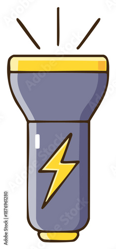 Cartoon flashlight with bolt sign emits light, illustration of lighting tool.