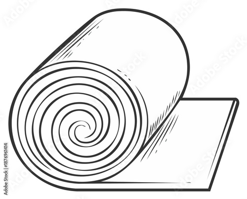 Rolled up exercise or yoga mat, black and white hand drawn illustration
