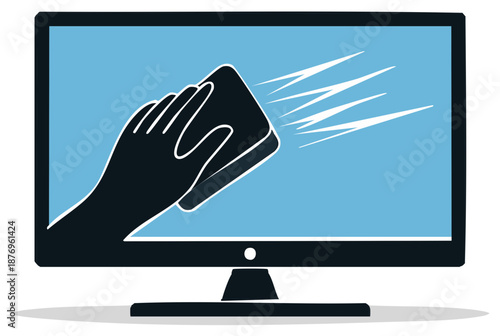 Hand cleaning a desktop computer monitor screen with a cloth for hygiene and maintenance