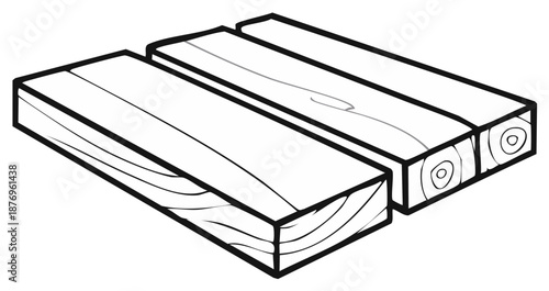 Isometric View of Three Wooden Planks, Black and White Illustration