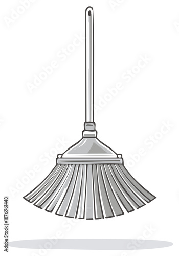 Grayscale Vector Cartoon Illustration of a Household Cleaning Broom